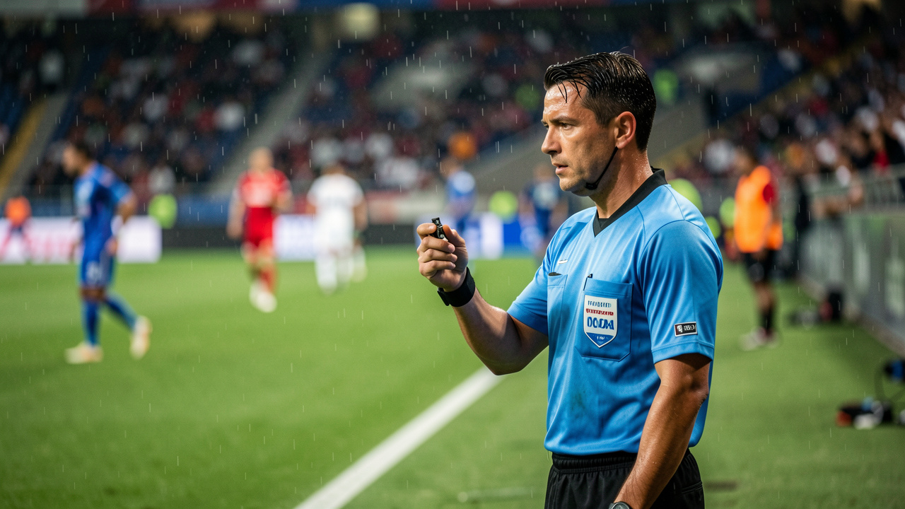 Un arbitre masculin de football, sifflet à la main, observant une action sur le bord du terrain dans une ambiance de match dynamique, avec pelouse verdoyante et stade en arrière-plan.