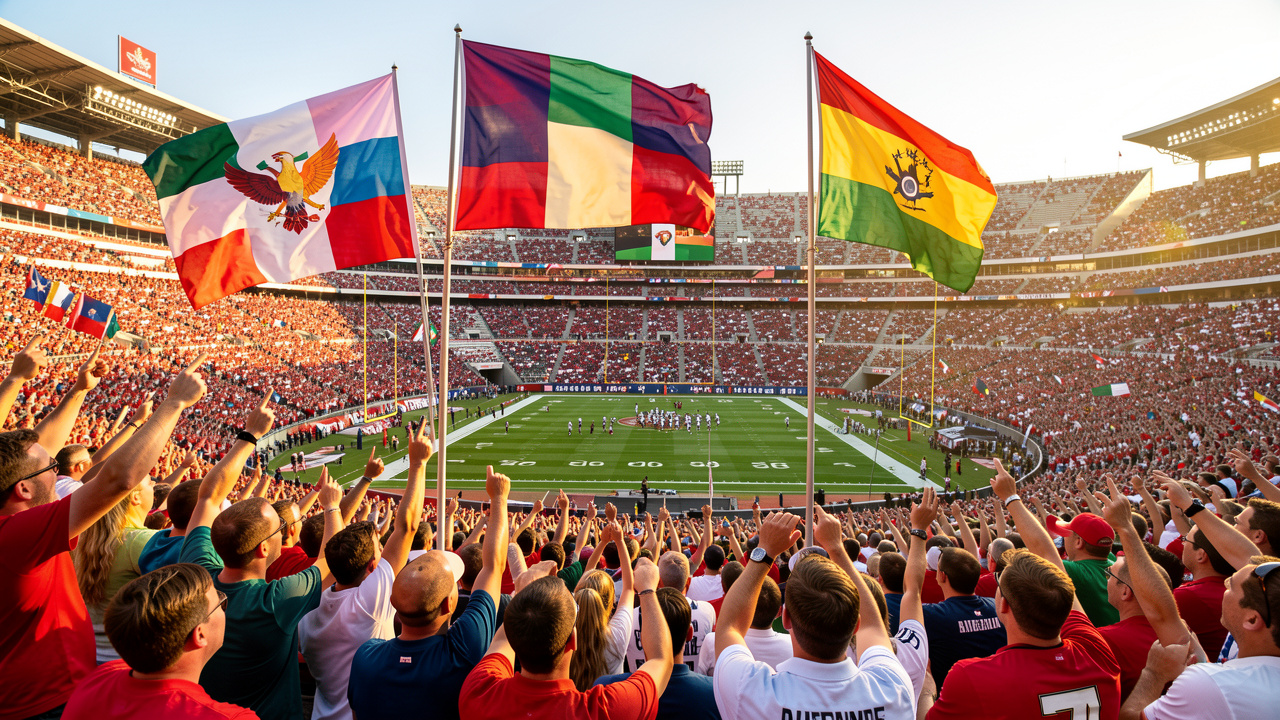 Vue grand angle d’un stade de football nord-américain rempli de supporters, avec trois grands drapeaux des pays hôtes flottant au-dessus des tribunes pendant un match international estival.