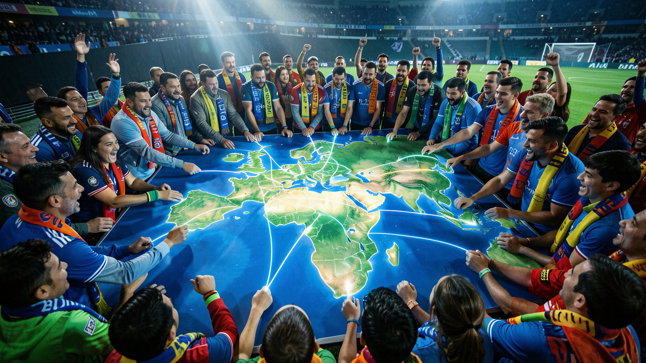 Des supporters et supportrices de football entourent une grande carte lumineuse reliant l’Europe, l’Afrique et l’Amérique du Sud.