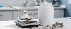 Dosage de créatine monohydrate dans un environnement professionnel de recherche nutritionnelle en France, avec une balance de précision et des instruments de laboratoire sur un plan de travail.
