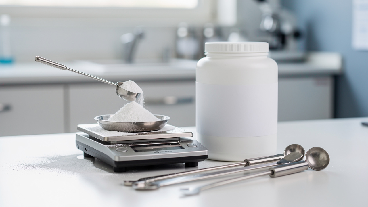 Dosage de créatine monohydrate dans un environnement professionnel de recherche nutritionnelle en France, avec une balance de précision et des instruments de laboratoire sur un plan de travail.
