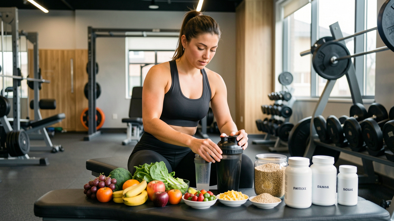 Une athlète assise sur un banc de musculation, entourée d’un shaker, d’aliments équilibrés et de contenants de compléments neutres.