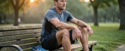 Un coureur assis sur un banc de parc, avec une chaussure de running posée à côté de lui dans une ambiance matinale sportive.