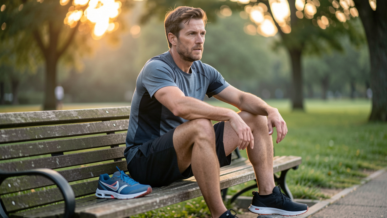 Un coureur assis sur un banc de parc, avec une chaussure de running posée à côté de lui dans une ambiance matinale sportive.