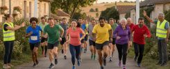 Des coureurs amateurs hommes et femmes prennent le départ d’une course dans un village français, sous une arche simple, accompagnés de bénévoles en gilets de sécurité dans une ambiance matinale réaliste.