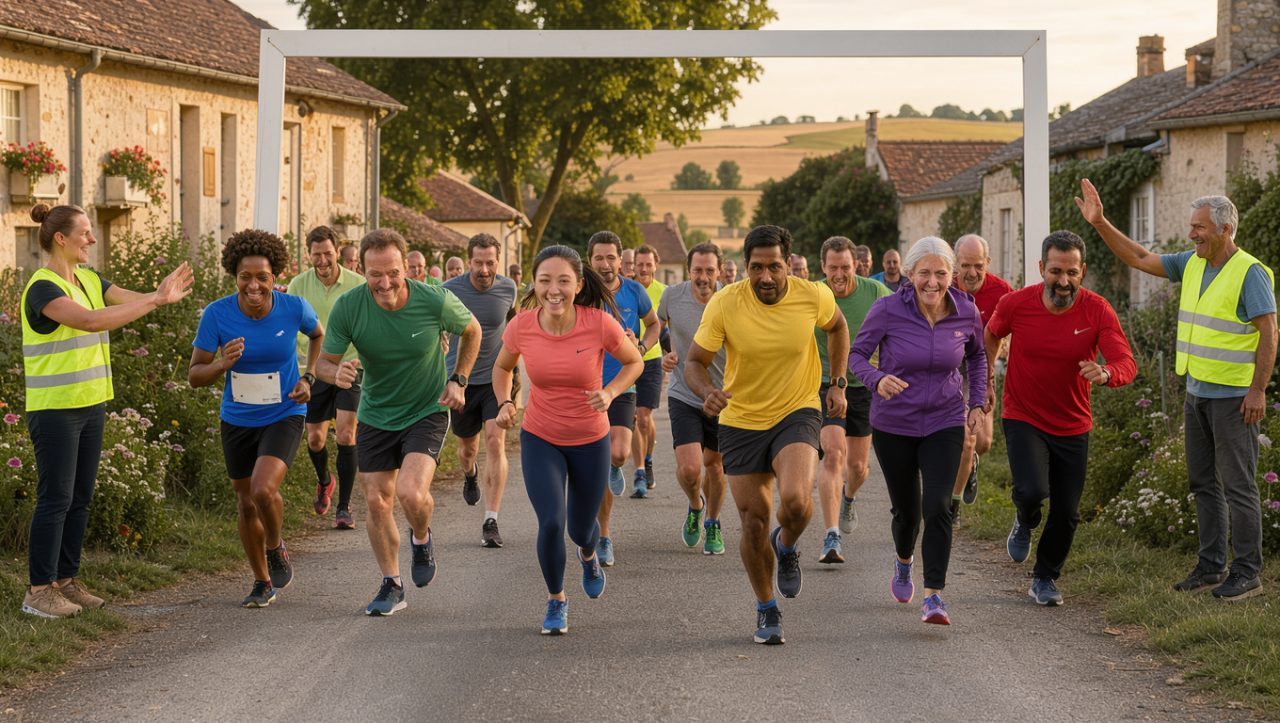 Des coureurs amateurs hommes et femmes prennent le départ d’une course dans un village français, sous une arche simple, accompagnés de bénévoles en gilets de sécurité dans une ambiance matinale réaliste.