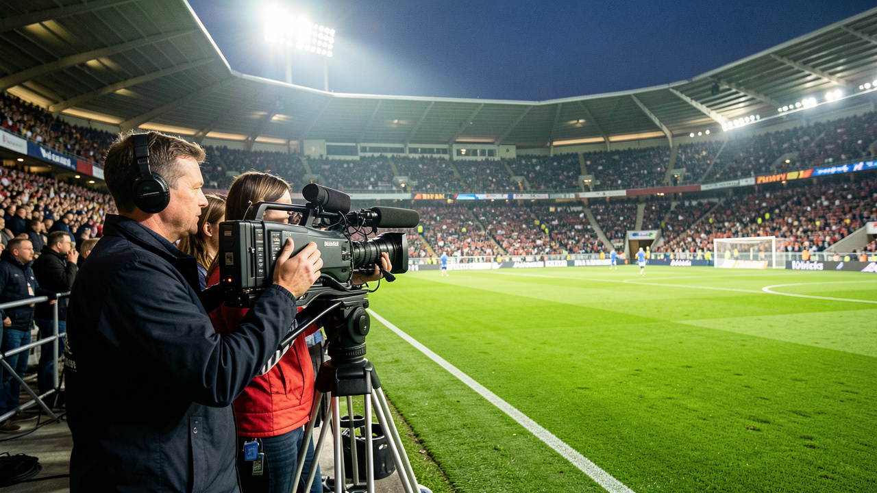 Un homme et une femme cadreurs filment un match de football depuis la ligne de touche dans un stade éclairé, avec des caméras professionnelles et des tribunes animées.