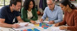 Deux hommes et deux femmes dirigeants d’un club sportif français réunis autour d’une table lumineuse, examinant des documents vierges, des cartes régionales sans indications et un calendrier visuel abstrait.