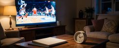 Salon français de nuit avec une télévision diffusant un match de basket américain, un agenda fermé et un réveil posés sur une table basse.