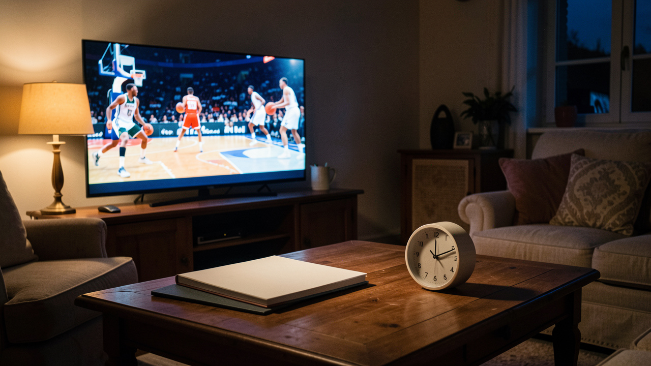 Salon français de nuit avec une télévision diffusant un match de basket américain, un agenda fermé et un réveil posés sur une table basse.